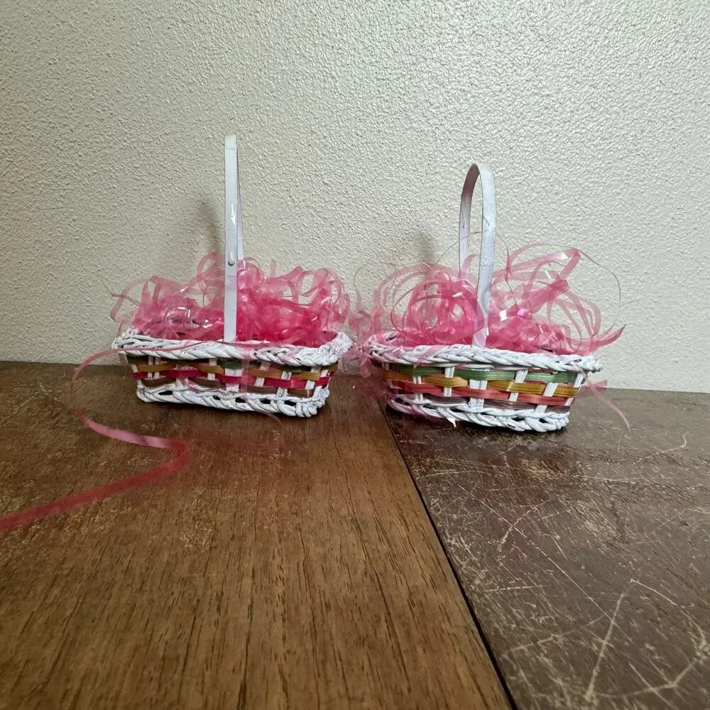 Set of two MINIATURE Woven Wicker‎ Painted Easter Baskets Pink Grass Decor